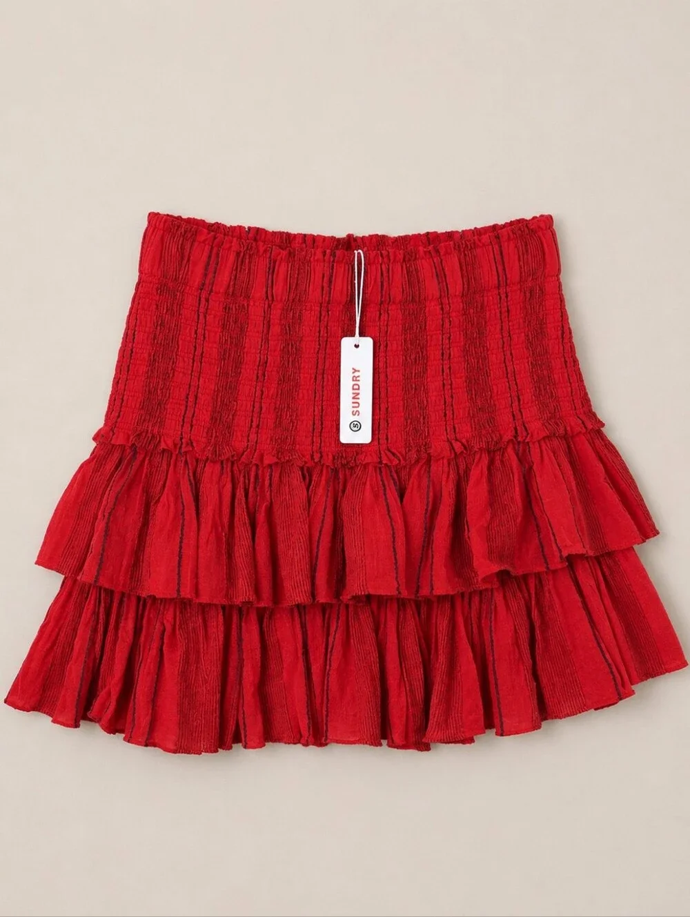 Sundry Anthro Tiered Ruffle Mini Skirt Red Smock Waist Size 2 (Med) Boho Summer
